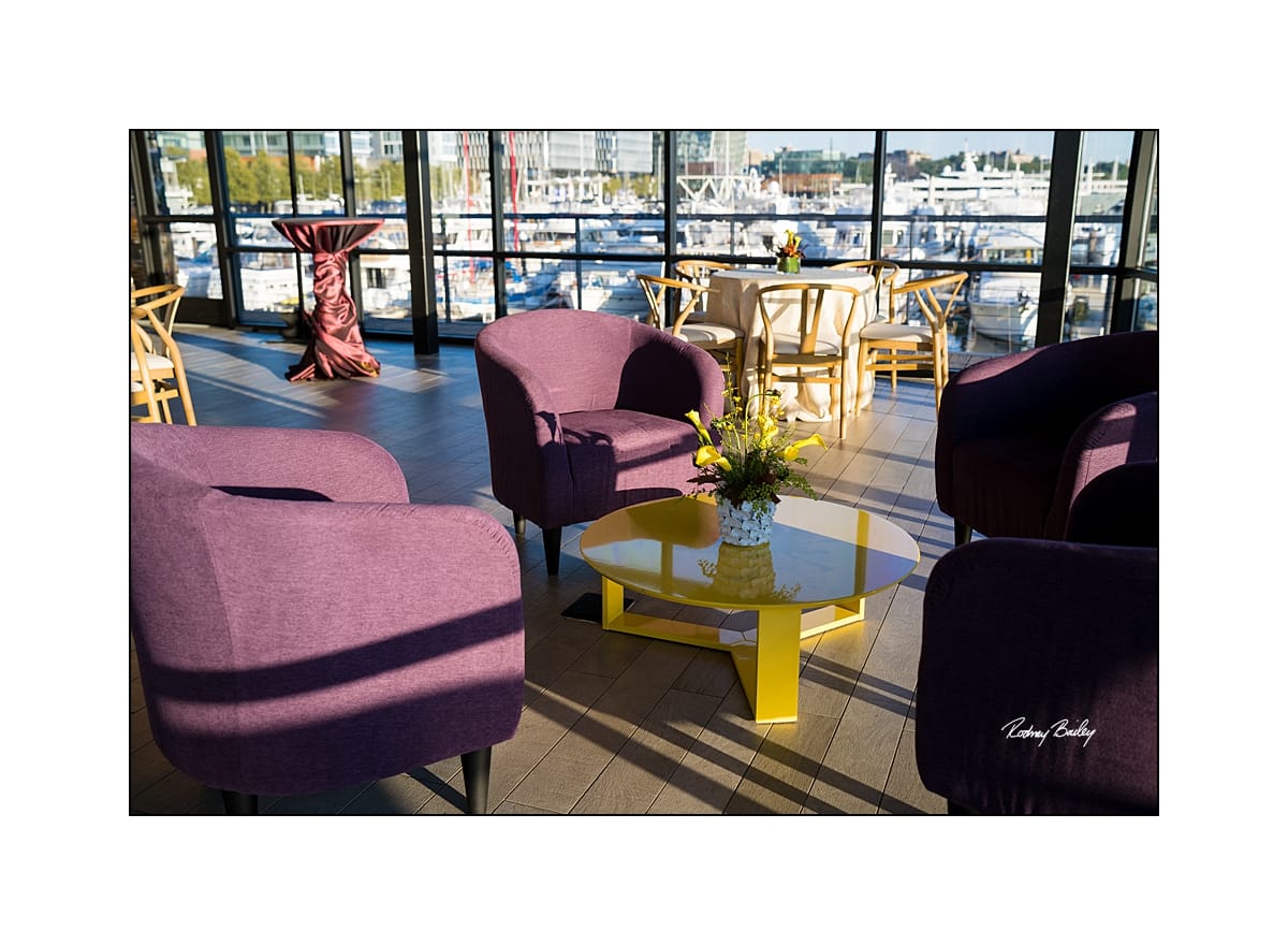 Private client waterfront lounge seating and hospitality styling