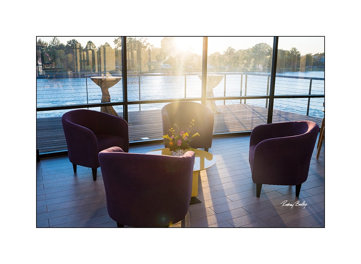 Elevated outdoor lounge vignette for a private waterfront celebration