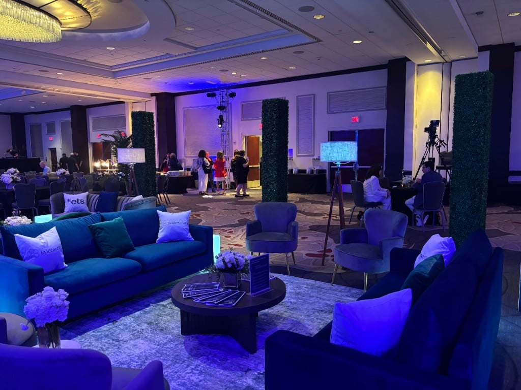 ETS branded hospitality lounge with EvidenceWorks pillows and executive seating ETS branded hospitality lounge with EvidenceWorks pillows and executive seating