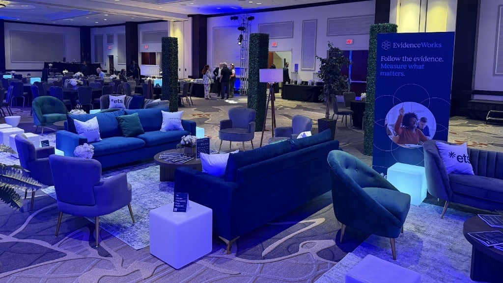 ETS National Forum hospitality lounge and branded conference ballroom environment ETS National Forum hospitality lounge and branded conference ballroom environment